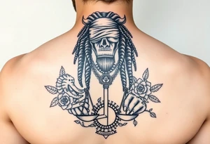 Slyph with dreads wearing blind fold and ankh pendant with tattoos holding weighing scales with the sun and moon rose vines surrounding and Anubis guarding tattoo idea