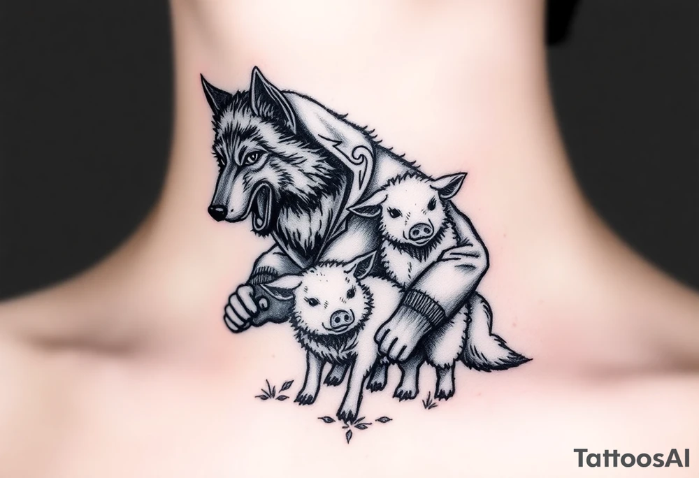 Big bad wolf in a sheep costume hunting 3 little pigs tattoo idea