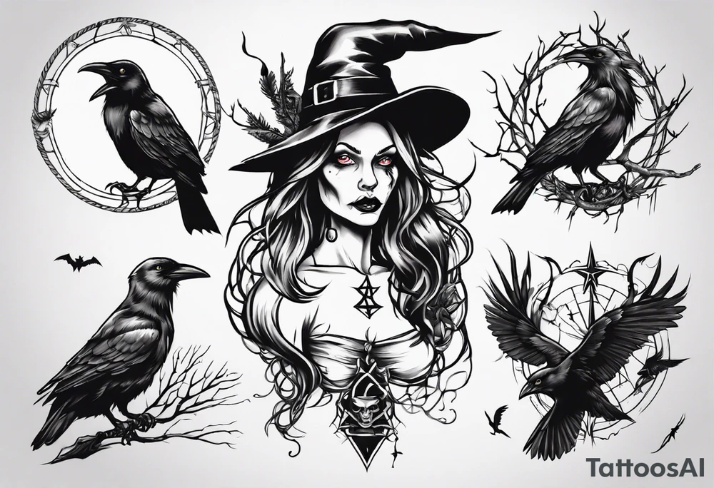 witch with crows tattoo idea