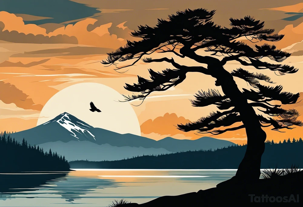 Sleeve tattoo windswept pine tree before lake with low hills on far side of lake. Mastiff silhouette in the foreground. with a dock coming out from the shore. Canadian shield. 
Include the words: "If the sun refused to shine
I would still be loving you
When mountains crumble to the sea
There will still be you and me" tattoo idea