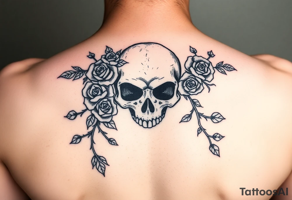 gothic skull intertwined with climbing roses and thorny vines tattoo idea