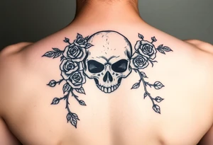 gothic skull intertwined with climbing roses and thorny vines tattoo idea