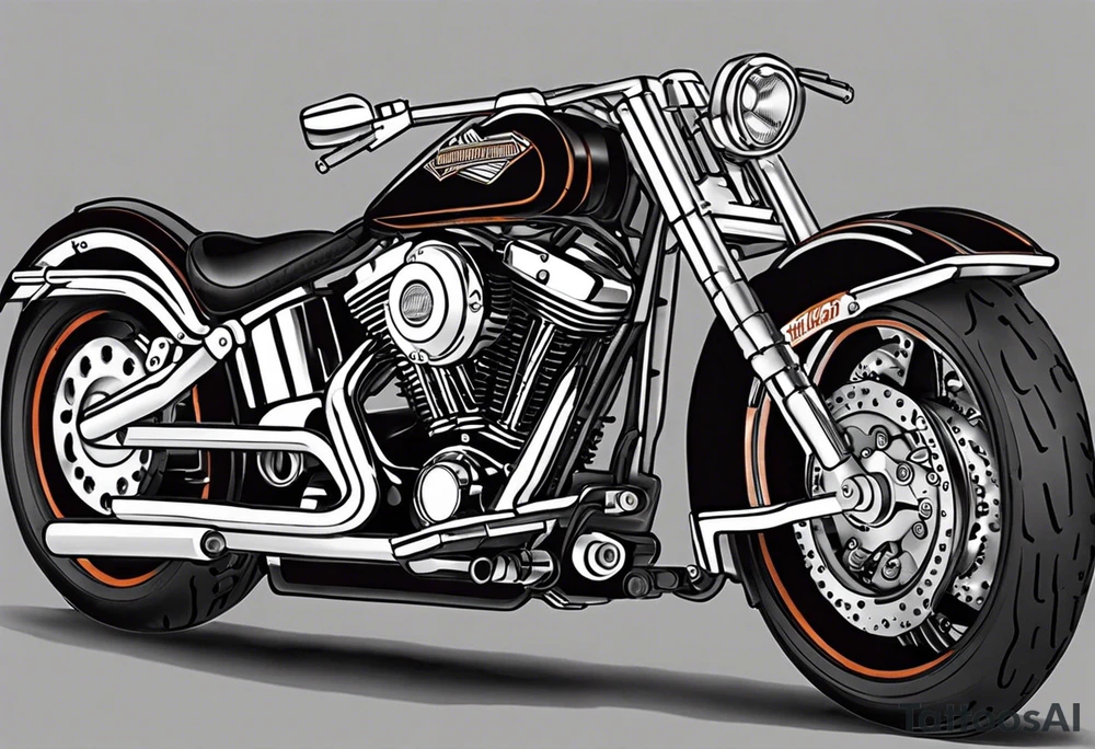 Create a tattoo for a man's chest featuring two cylinder heads (motorcycle engine like a Harley Davidson). The cylinder heads should be partially in cross-section to reveal the pistons, piston rods, valves, and cams. Additionally, part of the engine with the crankshaft should also be in cross-section. You might add a spark or flames to one cylinder (simulating the explosion phase) and perhaps the exhaust phase to the other. Try to prepare the background for potential extension of the tattoo. just engine alone and look from the side tattoo idea