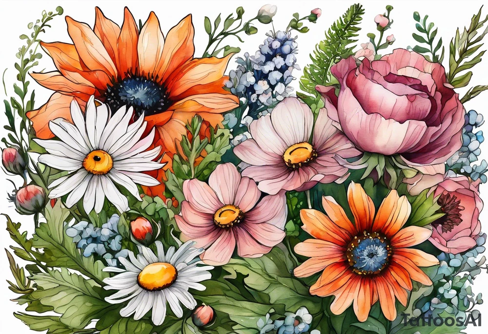 wildflowers with thistles, ferns, white anemones, sun flowers, orange flowers, green flowers, pink flowers, red flowers, babys breath and daisies all in watercolor tattoo idea