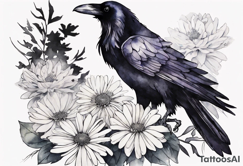 raven with a white chrysanthemum on her chest tattoo idea