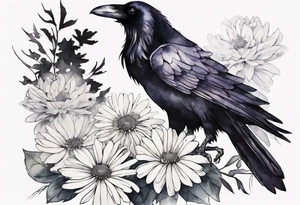 raven with a white chrysanthemum on her chest tattoo idea