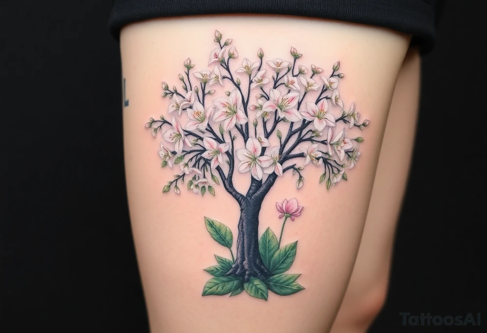 Flowering hawthorne tree with white lilly of the vally bell plants planted by  tree with other lilly plants tattoo idea