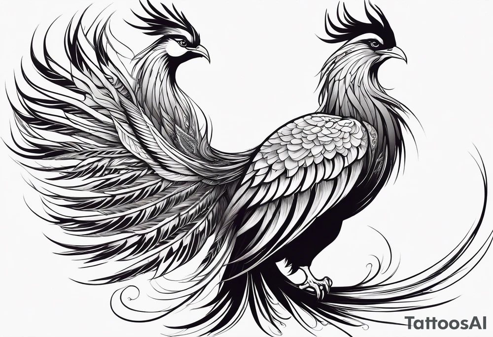 graceful asian style phoenix with extra long tail feathers and a long neck and large feathers tattoo idea