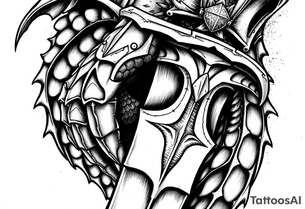 Close-up of knight's gauntlet holding sword, dragon scales visible in background. tattoo idea