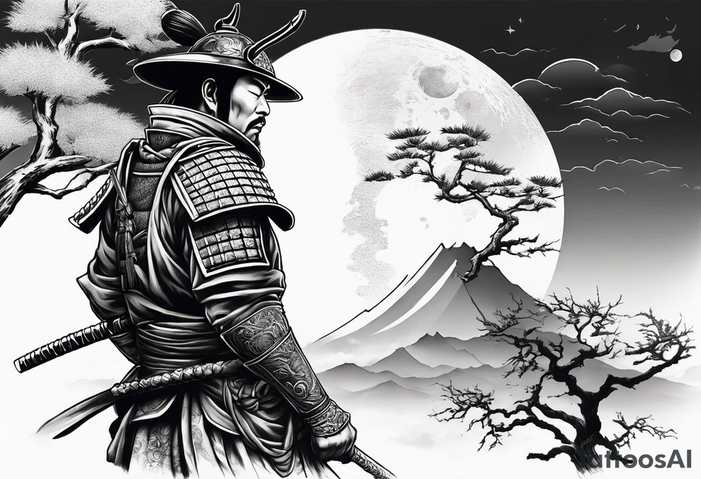 samurai with helmet with quarter moon and dead tree in the background tattoo idea