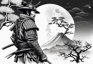 samurai with helmet with quarter moon and dead tree in the background tattoo idea