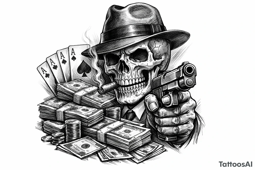 skull with gangster-hat,cigar in his mouth,gun in a hand,playing cards,a lot of money. tattoo idea