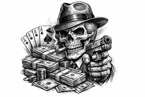 skull with gangster-hat,cigar in his mouth,gun in a hand,playing cards,a lot of money. tattoo idea