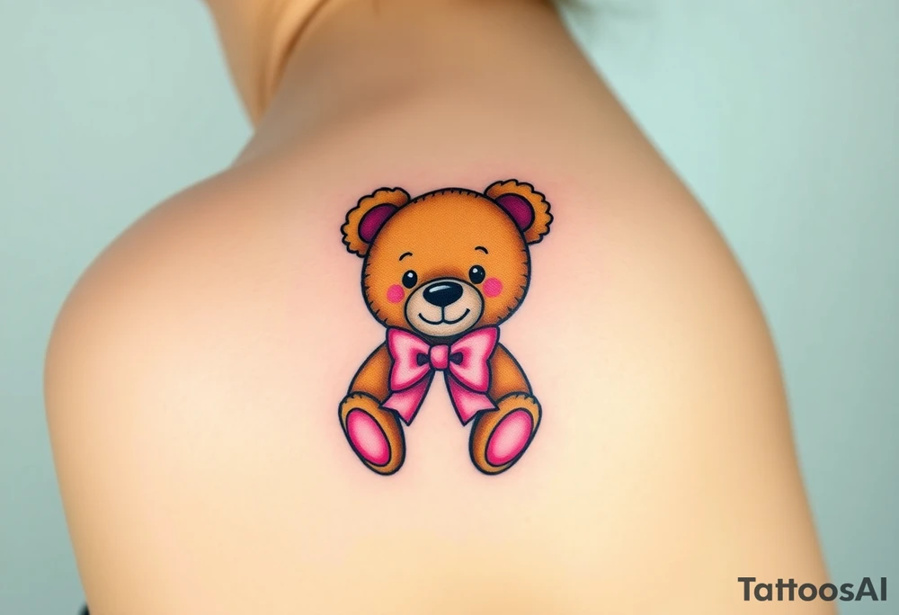 realistic tan teddy bear with a pink bow around its neck tattoo idea