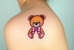 realistic tan teddy bear with a pink bow around its neck tattoo idea