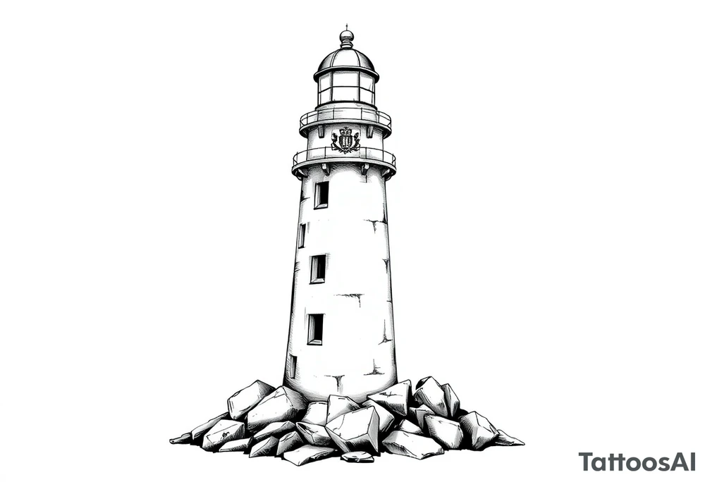 a whole lighthouse with a coat of arms incorporated into the roof without stones on the ground tattoo idea