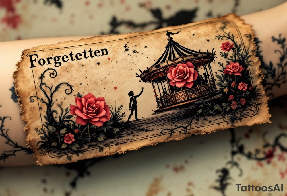 Tim Burton’s forgotten carousel ticket lies torn and weathered in dusty red, cream, and smudged ink black. tattoo idea