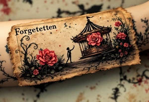 Tim Burton’s forgotten carousel ticket lies torn and weathered in dusty red, cream, and smudged ink black. tattoo idea