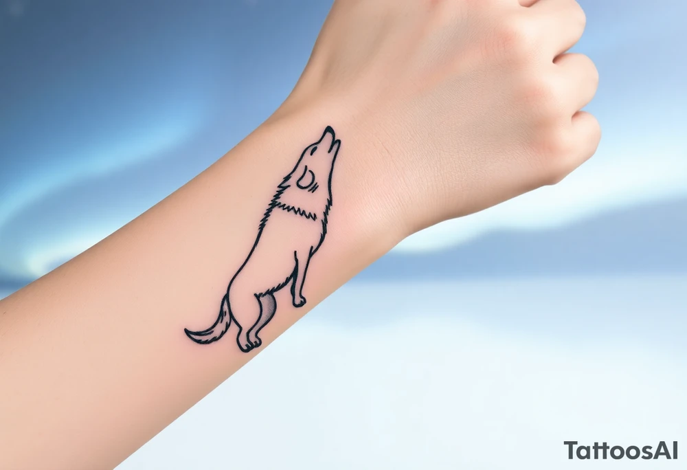 lone wolf howling at full moon with northern lights backdrop tattoo idea