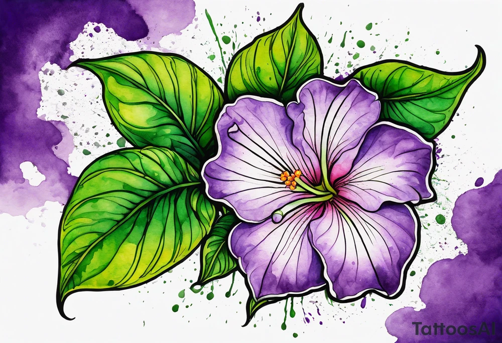 A mystical outline of a dipladenia flower and a green/purple watercolor splatter in the background to make the flower mainly green with purple highlights tattoo idea