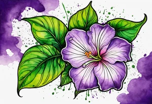 A mystical outline of a dipladenia flower and a green/purple watercolor splatter in the background to make the flower mainly green with purple highlights tattoo idea