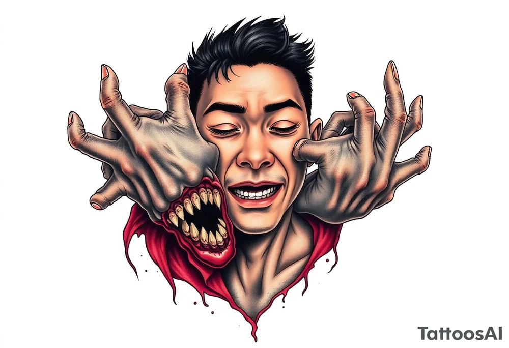 Scary ugly hands are hugging Handsome Asian young guy tattoo idea