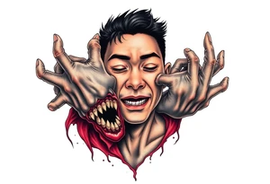 Scary ugly hands are hugging Handsome Asian young guy tattoo idea