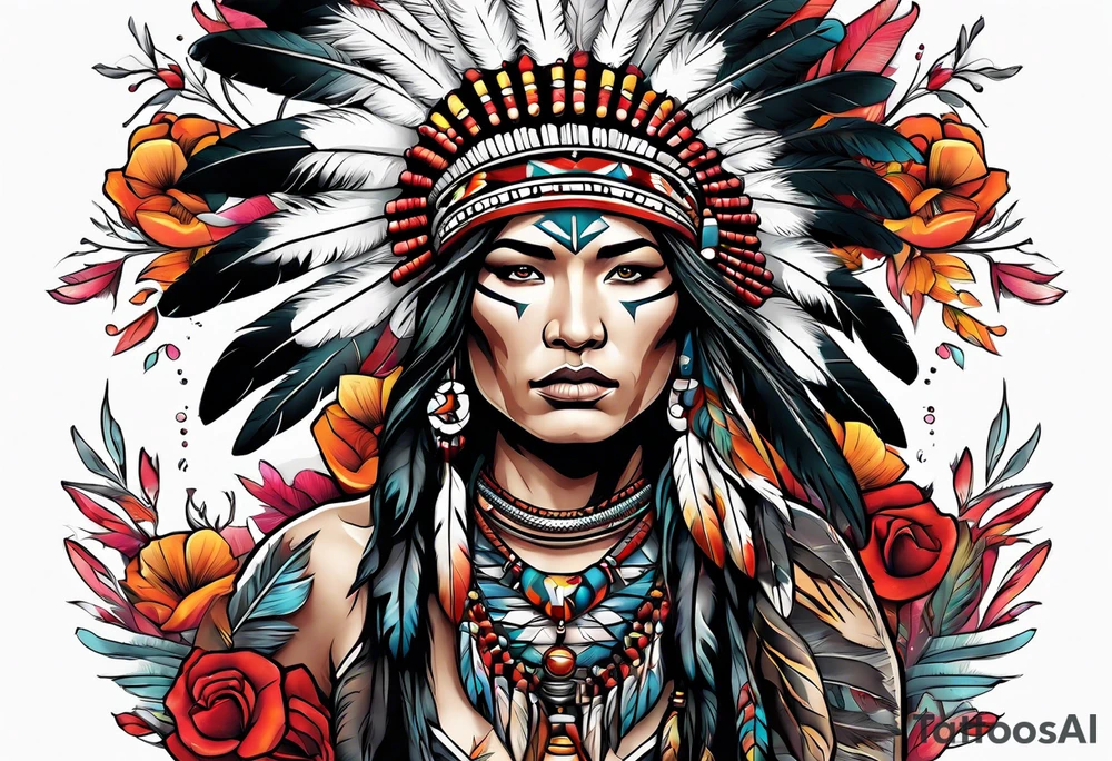 Native American with flowers tattoo idea