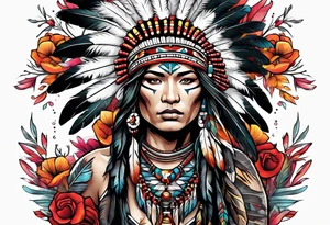 Native American with flowers tattoo idea