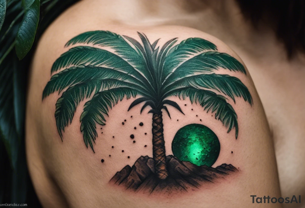 Tattoo: A striking Gachala emerald sits at the base of a tall quindio wax palm, which grows resiliently from cracks in rugged, rocky soil. The emerald is the main focal point, symbolizing strength and endurance, while the wax palm, rooted in the soil’s crevices, represents growth and resilience. A small water stream flows gently from the rocks, adding an element of life and nourishment tattoo idea