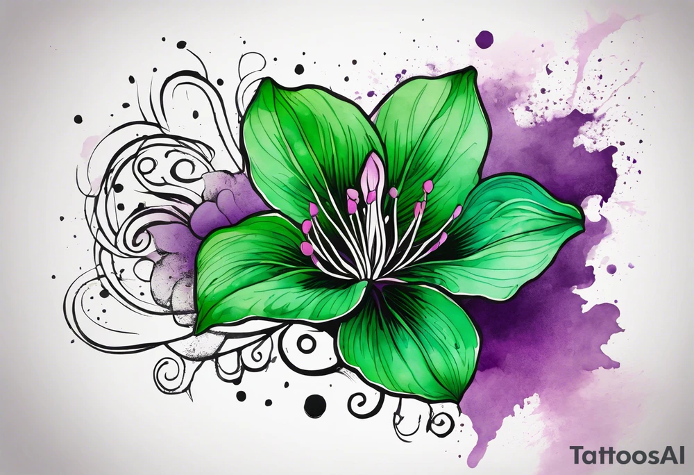 A mystical outline of a green with a bit of purple rio dipladenia flower and a green and purple watercolor splash in the background tattoo idea