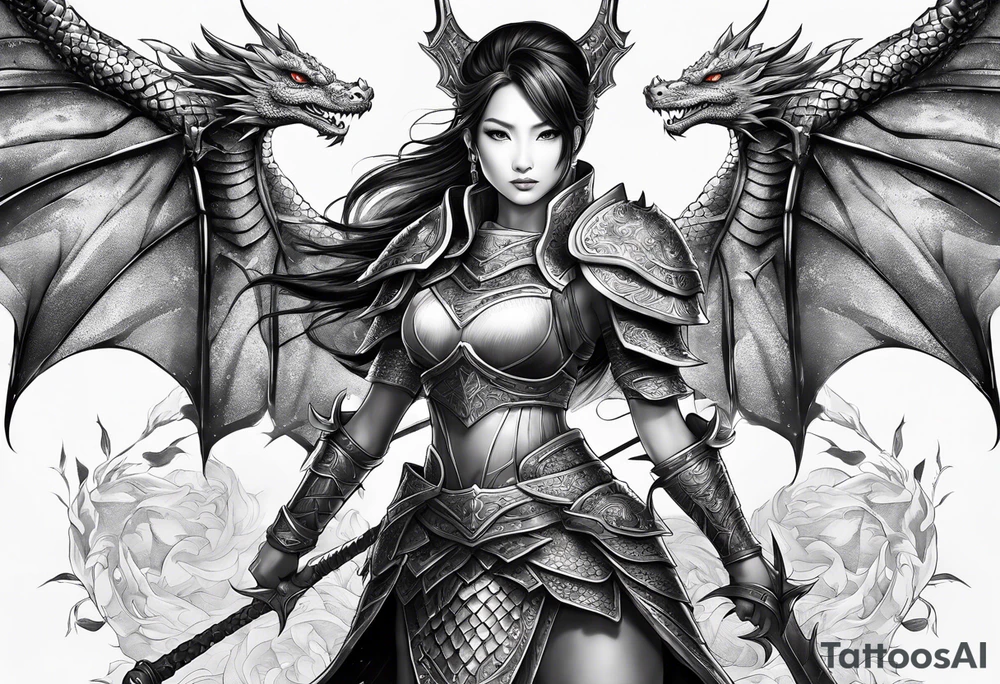 beautiful warrior woman wearing dragon armor and a dragon flying tattoo idea