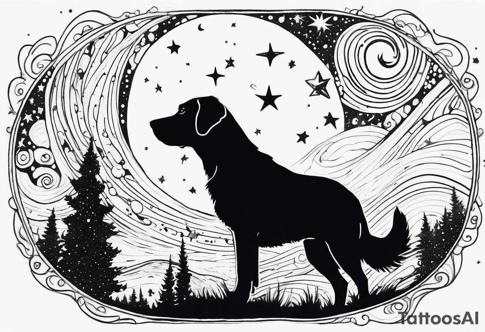 A silhouette of a labrador retriever, a german shephard, a beagle, and an adult human male, looking up at a night sky with galaxies comets and other space elements in the style of Van Gogh Starry Night. Must fit on an upper arm. tattoo idea