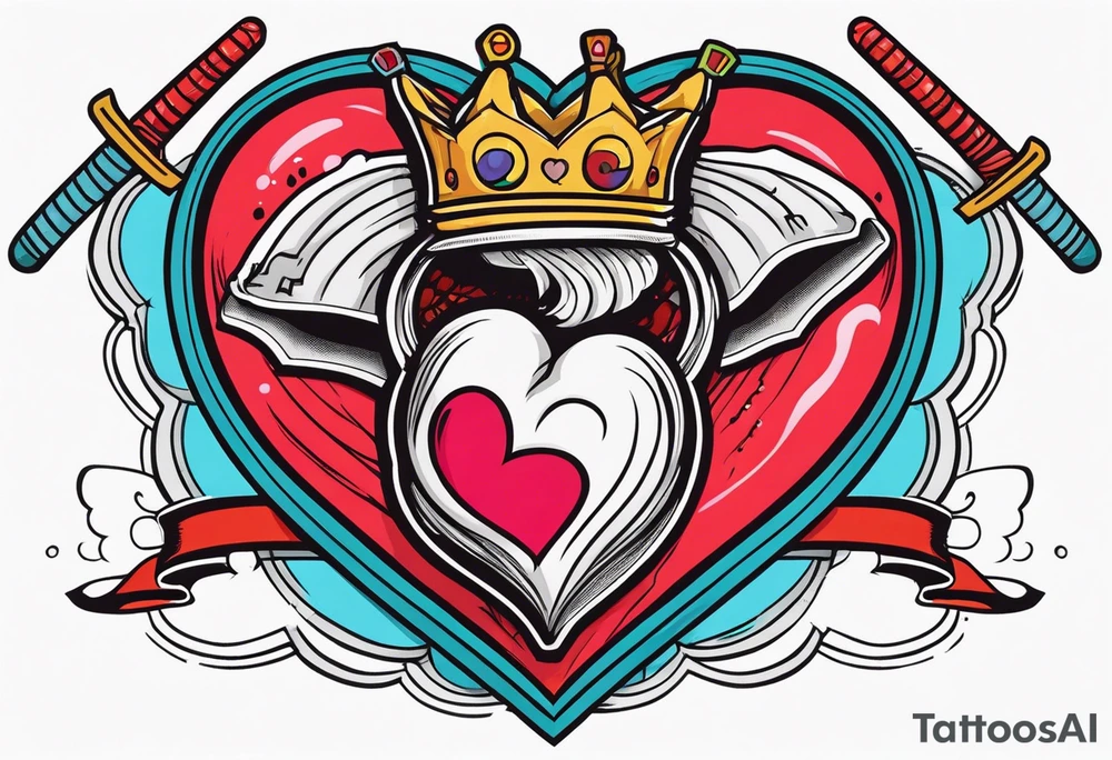 Human heart with a crown sitting crooked on top and a Japanese sword through the heart tattoo idea