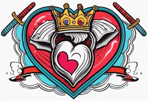 Human heart with a crown sitting crooked on top and a Japanese sword through the heart tattoo idea