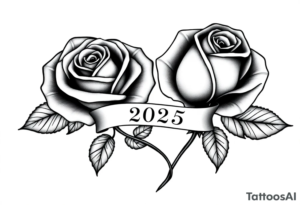 two beautiful large rose buds, one larger than the other, with many leaves next to the rose buds, with one sitting higher than the other. Include a banner connecting the two roses with the year "2025" on it.   Use dark outlines with little shading. The two stems should be short, not long, and connect and join into one stem, whimsically curved or twisted - not straight down. tattoo idea