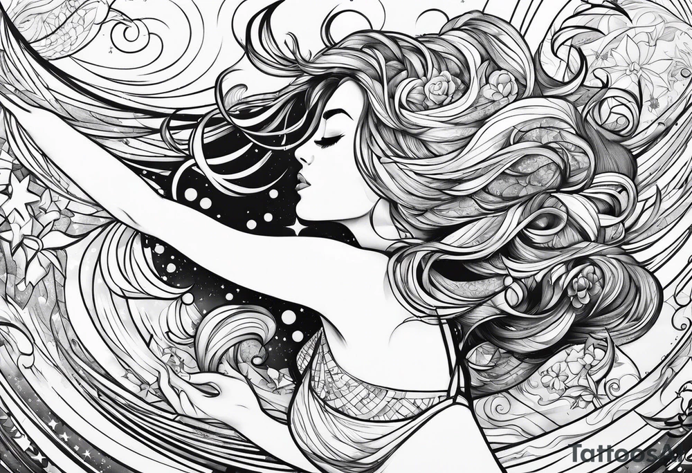 woman in pool reaching to stars tattoo idea