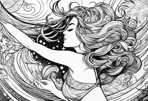 woman in pool reaching to stars tattoo idea