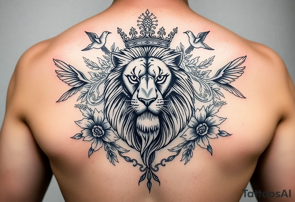 powerful majestic lion with a crown, surrounded by floral ornaments and birds tattoo idea