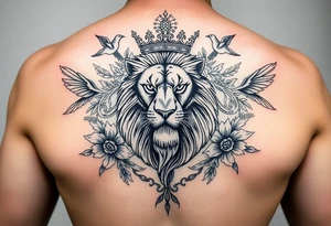 powerful majestic lion with a crown, surrounded by floral ornaments and birds tattoo idea