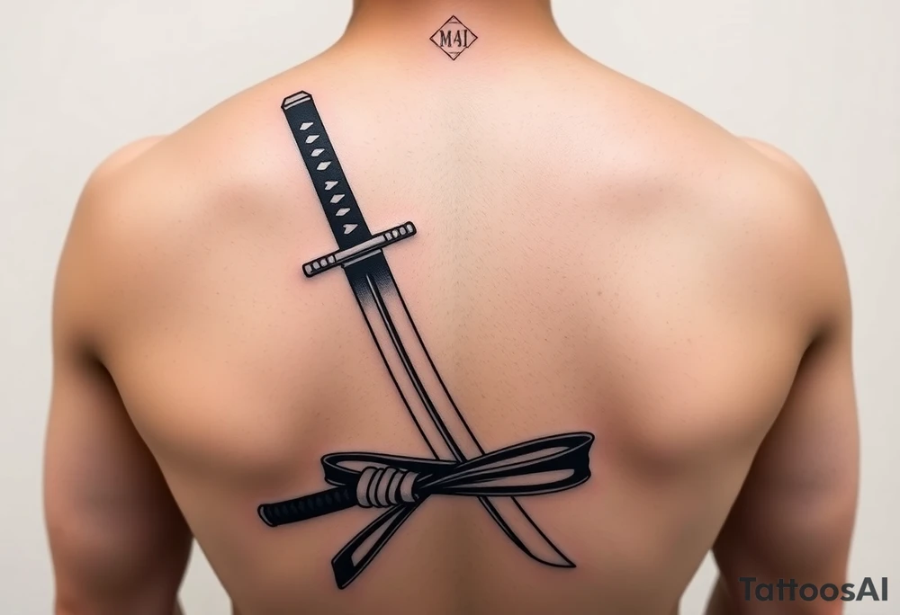 Katana with a black belt and fabled written in korean tattoo idea