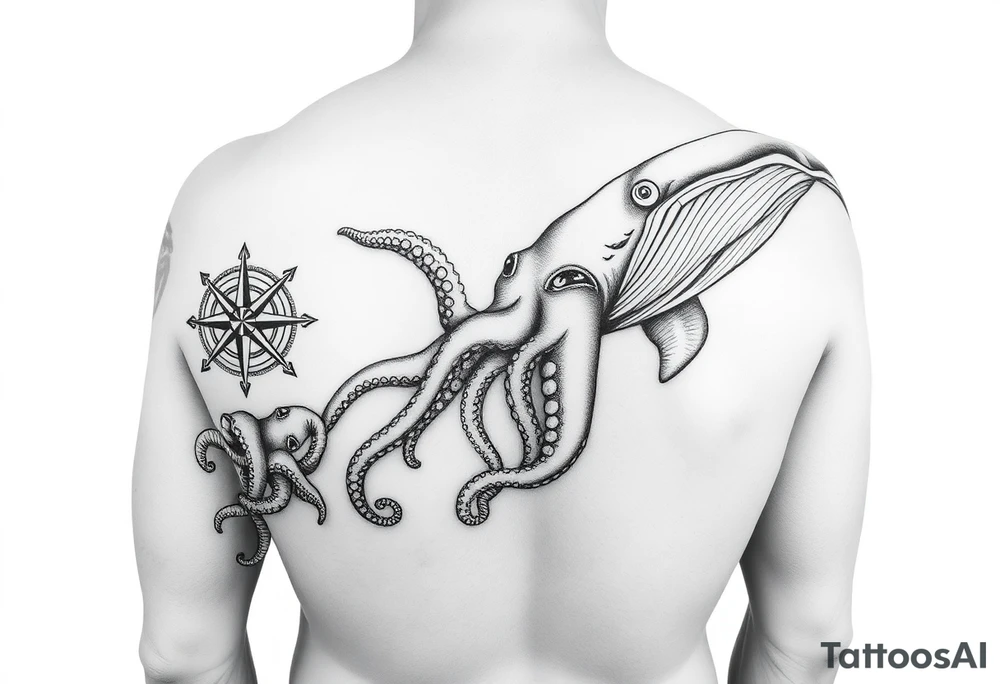 black and grey realistic full arm sleeve consisting of Compass Rose on the inner forearm as a focal point with loggerhead Turtles Swimming along the forearm, an Octopus Wrapping its tentacles around the arm,  a large whale gliding through the bicep area, and waves acting as the background to tie everything together. tattoo idea