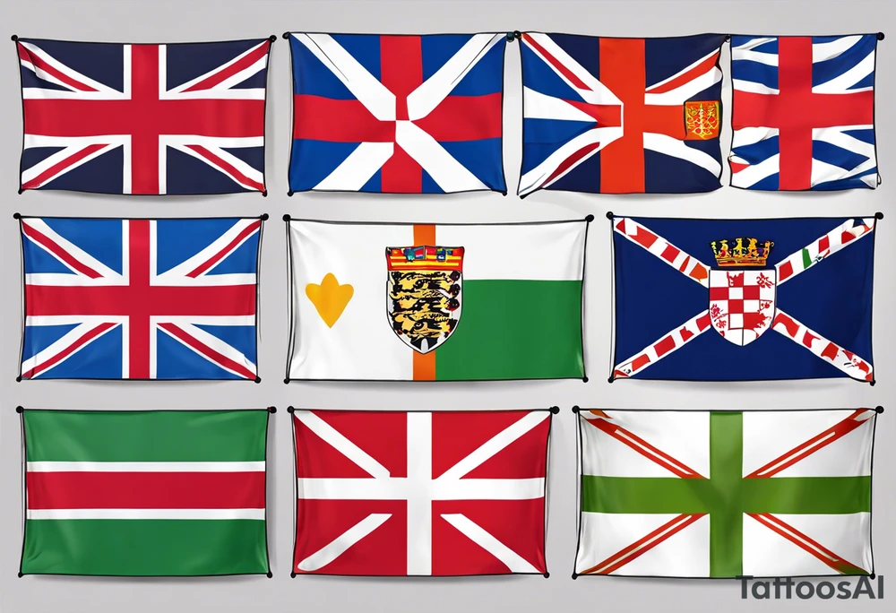 Merge the flags of england, northern ireland, ireland, scotland, wales, germany, croatia, serbia, slovakia, slovenia, and czech republic intertwined in a harmonious and elegant manner. The design should be symmetrical and suitable for a shoulder placement. tattoo idea