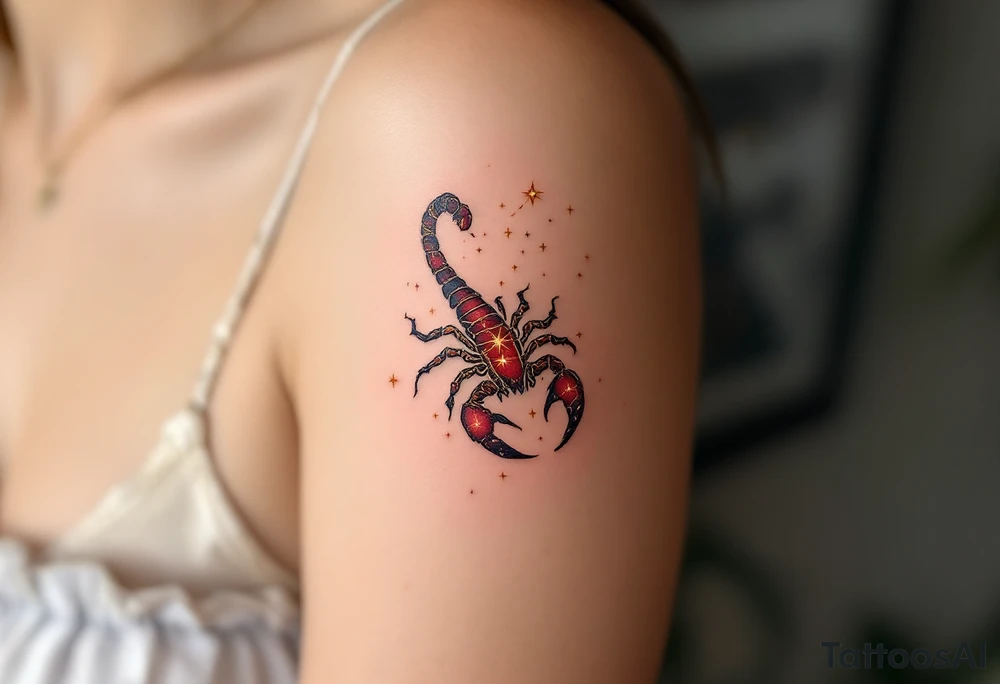 A golden Scorpius star constellation with a scarlet core, Scorpius prowls the zodiac as the guardian of hidden truths. tattoo idea