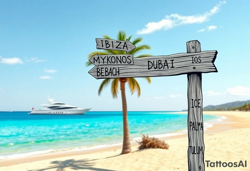 A tall wooden signpost with four directional arrows, each pointing in a different direction. The arrows are rustic and slightly weathered, with the names of popular travel destinations written on them: 'IBIZA', 'MYKONOS', 'DUBAI', 'ZRCE BEACH', 'IOS', 'PALMA', and 'TULUM'. The signpost is located on a sandy beach with a clear blue ocean in the background. A luxurious white yacht is visible on the water, slightly in the distance. A tall, green palm tree stands nearby, casting a small shadow on the sand. The scene is bathed in warm sunlight, with a few wispy clouds in the sky, creating a relaxed and tropical vacation vibe. tattoo idea