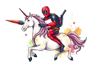 Deadpool riding a unicorn shooting Russian era rocket launcher tattoo idea