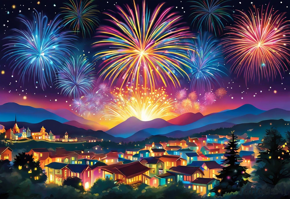 Fireworks burst across the night sky, surrounded by glowing candles and stars, capturing the magic and nostalgia of Colombian December nights. The scene is vibrant with multi-colored lights and an air of celebration. Soft linework mist or halos around the fireworks adds a magical, dreamy quality to the scene. The tattoo reflects joy and tradition, with an emphasis on warmth and festivity. tattoo idea