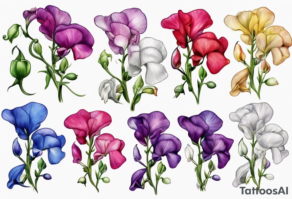 sweet pea flowers, multi color tattoo idea