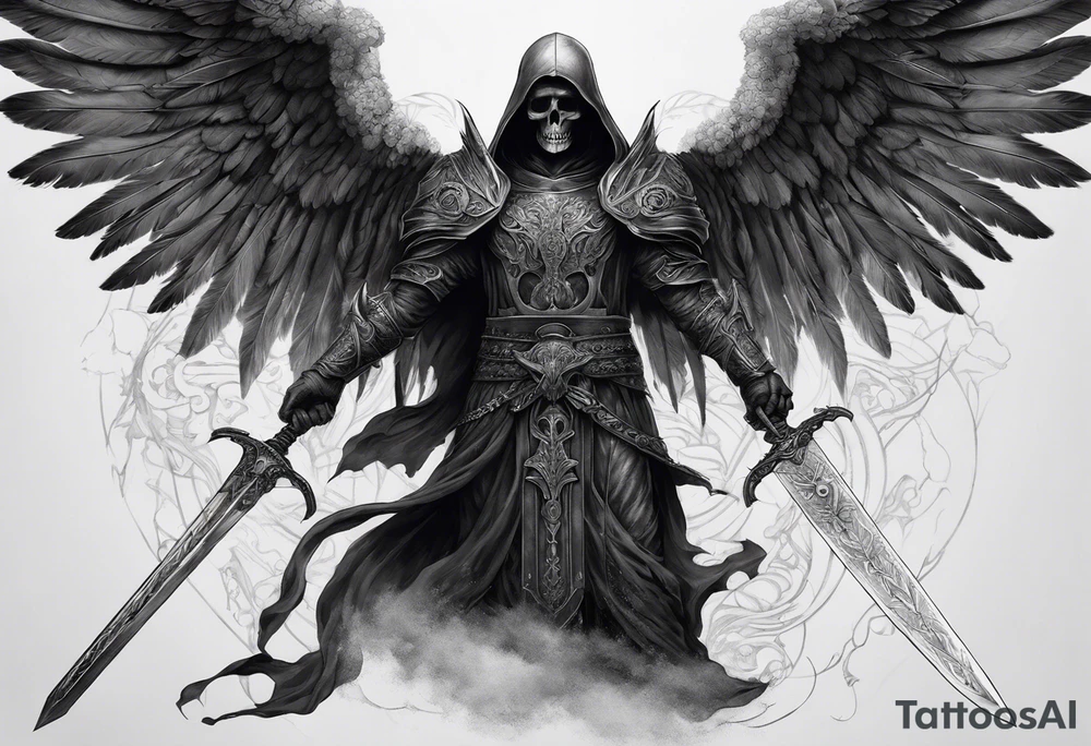 realistic full body of black angel of death, no face, face is not visible, with wings holding only one sword in both hands, the sword is driven into the skull, skull is on the ground tattoo idea