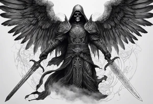 realistic full body of black angel of death, no face, face is not visible, with wings holding only one sword in both hands, the sword is driven into the skull, skull is on the ground tattoo idea